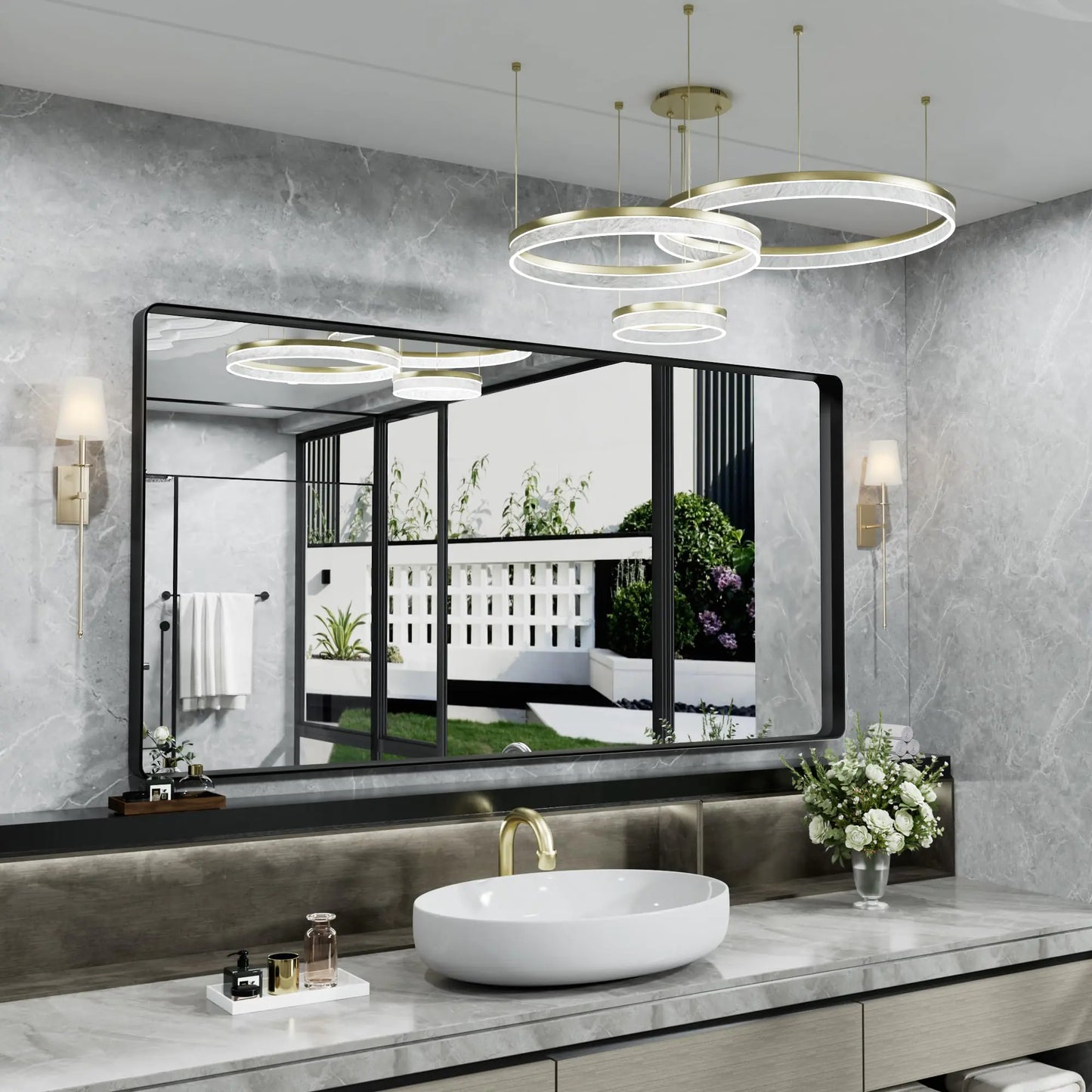 41x21 Modern Black Bathroom Vanity Mirror – Rounded Rectangle Metal Frame (Horizontal/Vertical)