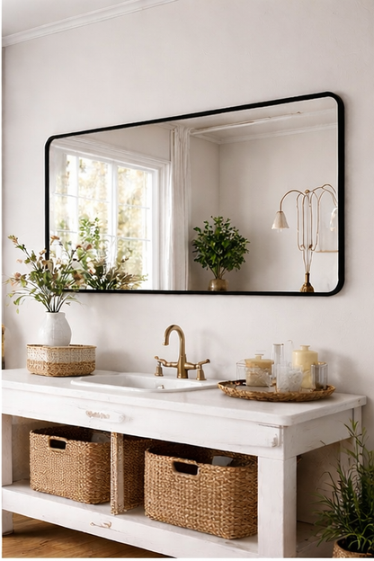 41x21 Modern Black Bathroom Vanity Mirror – Rounded Rectangle Metal Frame (Horizontal/Vertical)