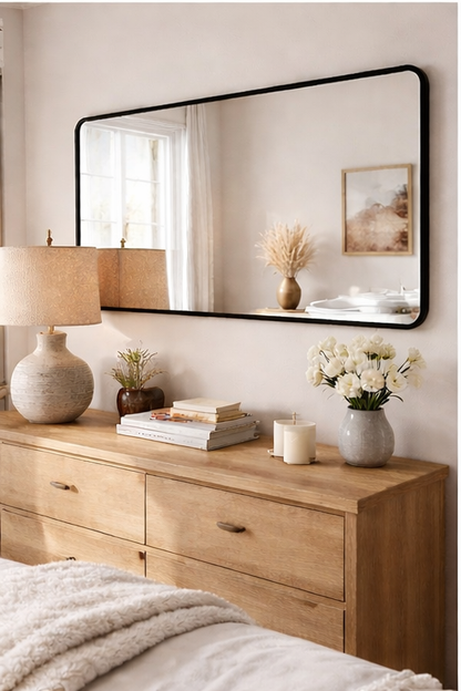 41x21 Modern Black Bathroom Vanity Mirror – Rounded Rectangle Metal Frame (Horizontal/Vertical)