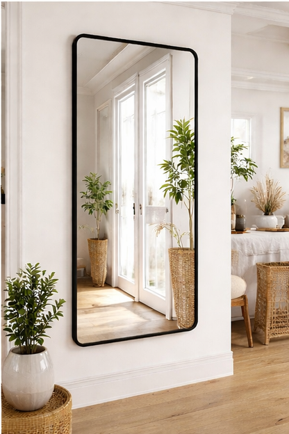 41x21 Modern Black Bathroom Vanity Mirror – Rounded Rectangle Metal Frame (Horizontal/Vertical)